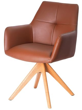 Stuhl ALMARA - 62cm - braun - Echtleder Massivholz-Beine drehbar Armlehne | Auto-Return-Funktion, Federkern-Komfort, Ziersteppung, pflegeleicht, bequeme Polsterung, stabil, hoher Komfort