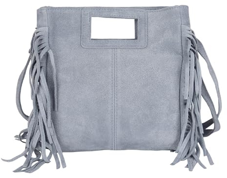 MIRROSI® Damen Umhängetasche aus Wildleder mit Fransen – Made in Italy, Boho Stil Schultertasche, 23 × 24 × 7 cm, hochwertige Ledertasche (Jeansblau)