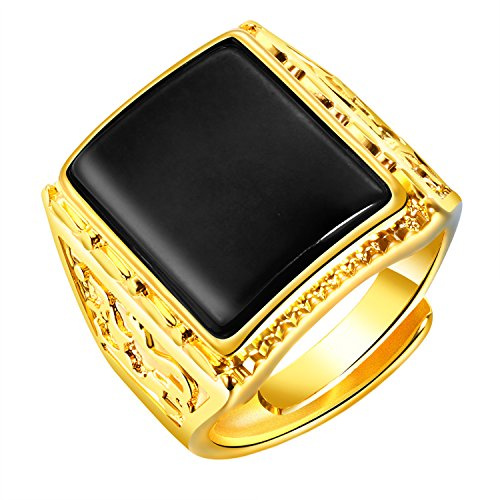 PAURO Herren 18K Gold Plated Vintage Black Achat Edelstein Ring, Verstellbar