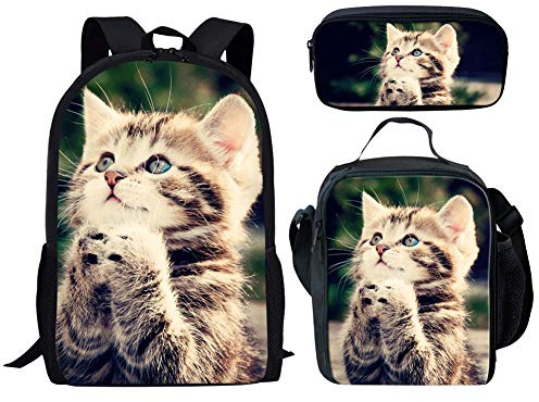 HUGS IDEA Haifisch-Rucksack-Set für Kinder, Jungen, 3-teiliges Schulranzen mit Thermo-Lunchbox, Federmäppchen, Süßes Katzenmuster-Set. (Braun) - CGK