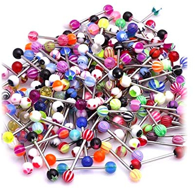 Gyllene pärlor 20 x tungstänger kirurgiskt stål och plast skivstång ringar flexibel bröstvårta och läpp, små bollar kroppspiercing kvinnor smycken akryl tungringar för män och flickor