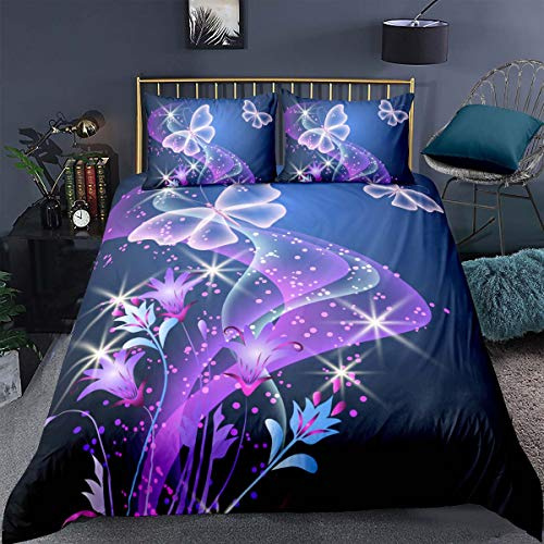 Loussiesd Mädchen Bettwäsche Set Schmetterling 135x200 cm Kinderbettwäsche Schön Blumen Tulpe Butterfly Bettbezug Set Lila Luxus Microfaser Betten Set inkl.1 Bettbezug und 1 Kissenbezüge 80x80 cm