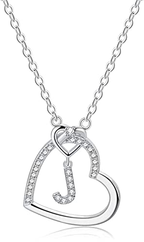 LIHELEI Damen Halskette Herz Buchstabe 925 Silber Kette Damen Personalisiere Kette, Geburtstags und Weihnachten Geschenk Für Frauen Mädchen Mama Freundin - J