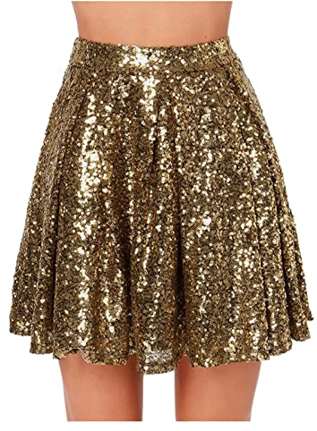 Fannyfuny Minirock Damen Glitzer Pailletten Partyrock Ausgefallen Gefalteter Plisseerock Karneval Bekleidung Golden Tanzrock Kurz Tailliertes Swing Rock Frauen SkaterRöcke Röcke Sexy Mini Glocken Rock