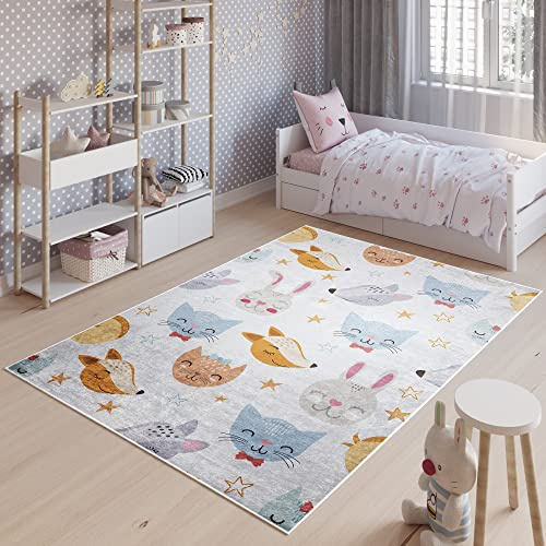TAPISO Emma Teppich Waschbar bei 30 Grad Grau Bunt Tiere bedruckter Kinderteppich Antirutsch Kinderzimmer Jugendzimmer Modern ÖKO-TEX 160 x 230 cm