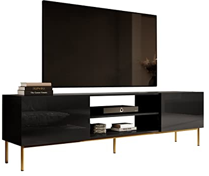 Mirjan24 TV Schrank Slide 200K mit 2 Fächern und 2 Klappen, Griffloses Öffnungssystem, Fernsehschrank, TV Lowboard, Unterschrank, TV Tisch, TV Board (schwarz/schwarz Hochglanz, Füße: Gold)