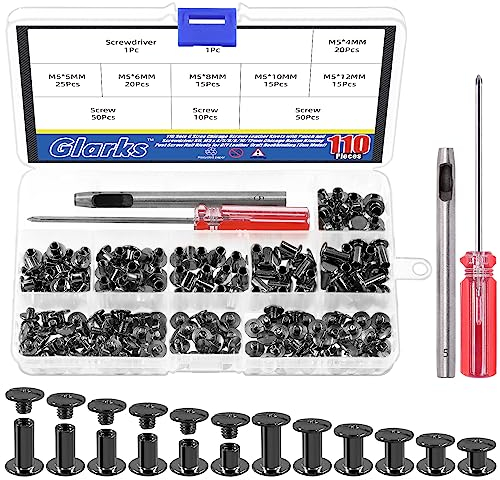 Glarks Chicago-Schrauben, Ledernieten mit Stanzer und Schraubendreher-Set, M5 x 4/5/6/8/10/12 mm, Chicago-Knopf-Bindung, Nagelnieten für DIY-Lederhandwerk, Buchbinderei, 110 Sets in 6 Größen (Gun