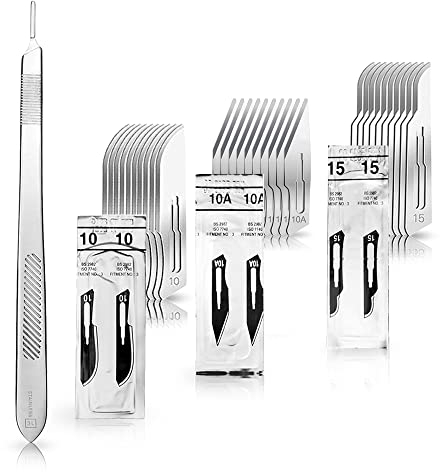 May - Set composé de 10 lames de scalpel 3 en 3 versions différentes + 1 x May – Support de scalpel 21 cm de long en acier inoxydable