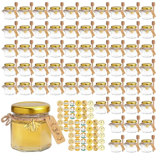 JIUHSHN 60Pcs Mini Glass Honey Jars 1.5Oz Hexagon Small Honey Jars In Bulk with Wooden Dippers,Bee Charms,Thank You Cards,Jutes and Stickers for Baby Shower Wedding Party Favors