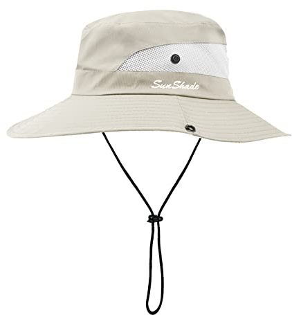 flintronic Sonnenhut Herren Damen,Wide Brim UV-Schutz Eimer Hüte,Faltbare Cowboyhut mit Kinnriemen,Seiten Presse und Breathable Ineinander greifen Cown,Design für Strand/Wandern/Angeln/Camping-Beige