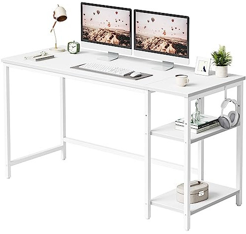 CubiCubi 140 cm Computer Home Office Desk With Storage Shelves - Small Study Writing Table, Modern Simple PC Desk, White