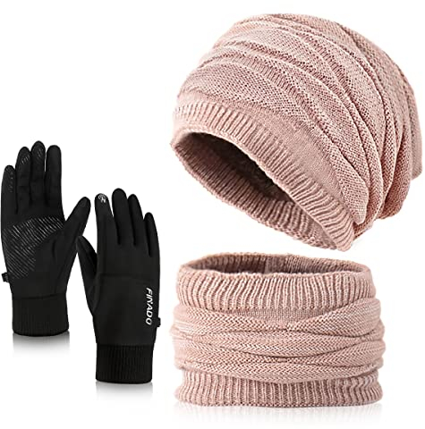 Wintermütze Schal Handschuhe Sets Damen,Weichem Strickmütze Schal,Touchscreen Handschuhe,Warme Beanie Mütze Winter Set mit Fleecefutter für Ski (3Stück-Rosa(Mütze und Schal) & Schwarz Handschuhe)
