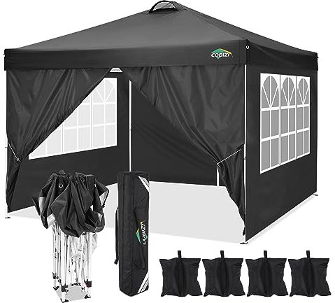 COBIZI Tonnelle de Jardin Tonnelle Pliante 3x3 Barnum Pliant 3x3, Imperméable avec 4 Côtés Protection du Soleil UV 50+ avec Un Chiffon Sac de Transport Hauteur Réglable Tente de Extérieur,Fête(Noir