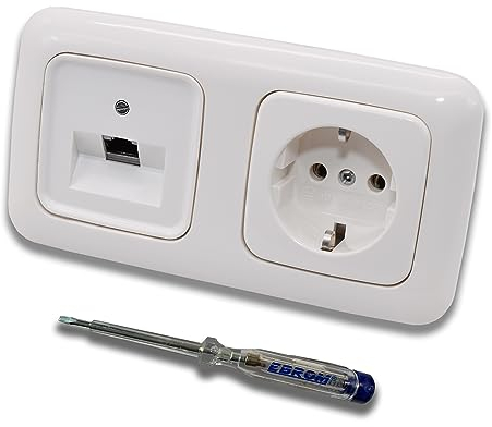 Busch Jäger, Rutenbeck Unterputz Netzwerkdose 10 Gigabit/S (10GbE) KAT6A 6A 1 x RJ45 Anschluss + Steckdose 20EUC-214 im BJ ReflexSi alpinweiß Design + EBROM Phasenprüfer z. Montage d. Geräte