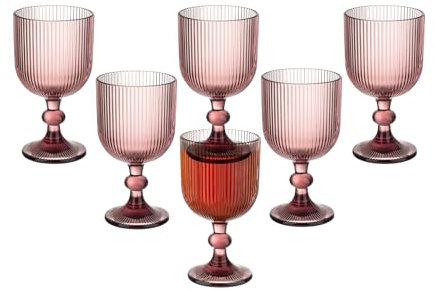 Purple Vintage Wine Glasses Set of 6, 11 Ounces Colored Glass Water Goblets, Unique Embossed Pattern High Clear Stemmed Glassware Wedding Party Bar Glass Drinking Cups Fancy Glasses Vertical Line