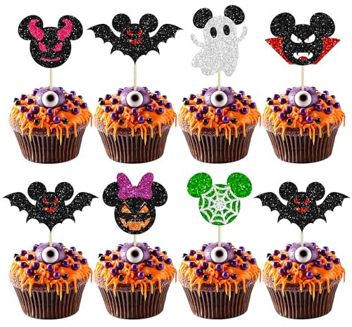 24Pcs Mini Mouse Inspired Happy Halloween Cupcake Toppers Glitter Halloween Cupcake Picks Bat Pumpkin Ghost Cupcake Decorations for Halloween Theme Baby Shower Birthday Party Cake Supplies