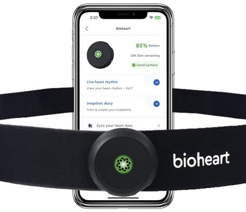 Bioheart - Monitor de frecuencia cardíaca Bluetooth | Monitor de frecuencia cardíaca continua | Dispositivo móvil de frecuencia cardíaca con correa para el pecho | Suscripción de un año incluida