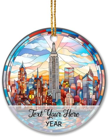 Christmas Tree Ornaments Xmas Tree Hanging Ceramic Christmas Decorations Baubles New York City 2023, Personalized New York 2023 Gift For Travelers, Travel Themed, Custom Text, Stained Glass Style