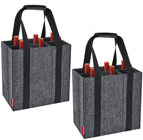 Eurhomewit 2Pcs Borsa per Bottiglie Vino Acqua in Feltro, 6 Scomparti Borse Porta Vino Portabottiglie, Borsa Trasporto per Vino Bottiglie in Vetro 1,5 litri, Riutilizzabile - Nero