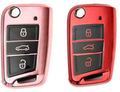 2 Stück Autoschlüssel Hülle, Schlüsselbox ,Autoschlüssel Schutzhülle kompatibel mit VW Golf 7、Polo、Tiguan、Skoda 3-Tasten Schlüsselhülle (Roségold + Rot)