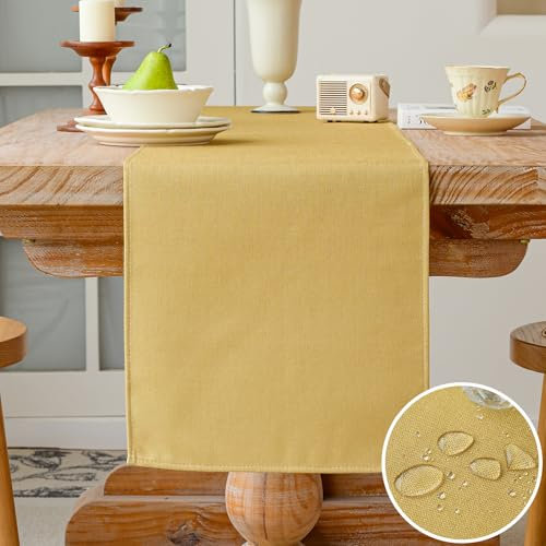 Vorysum Tischläufer Modern Tischläufer Wasserabweisend Leinen,Tischläufer Abwaschbar，Dekoration Tischdecke Outdoor Sommer Garten für Hochzeit Esszimmer Party Urlaub (Gelb, 40 x 140 cm)