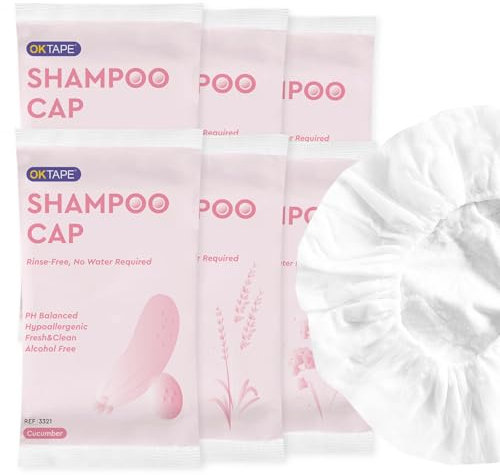 OK TAPE Kein Wasser Shampoo Kappen (6er Pack) 3 Düfte, Spülungsfreie Shampoo- und Pflegeduschkappe, Latexfrei, Alkoholfrei