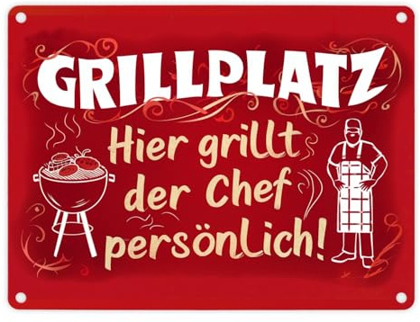 Grillplatz Metallschild in 15x20 cm - Chef grillt persönlich Leuchtend rot-weißes Muster fetter weißer Text - für den perfekten Grillplatz