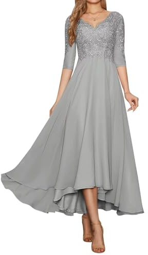 Damen Lange Mutter der Braut Kleid Spitze A Linie Brautjungfernkleider V-Ausschnitt Chiffon formell Partykleid
