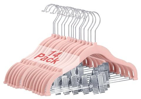 Wellong Baby-Kleiderbügel mit Clips, 14 Stück KinderKleiderbügel aus Samt, Strapazierfähige Kleiderbügel, rutschfeste Baby-bügel für Hemden, Hosen, Röcke, Kleider, Jacken, Mäntel, Rosa