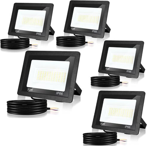 Fiqops Strahler 30W 5er, LED Fluter 6000K Kaltweiß 2550LM Scheinwerfer IP66 Wasserdicht Flutlicht Außenstrahler Außenleuchte für Werkstatt Garage Garten
