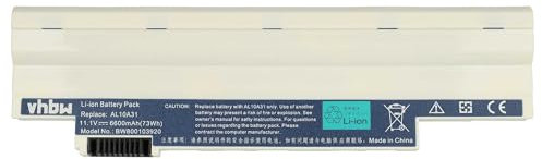 vhbw 1x Akku kompatibel mit Packard Bell Dot S/B-017UK, S2 SII, S E2 SPT, SE/R-111UK, S/B-003 IT Notebook (6600 mAh, 11,1 V, Li-Ion) weiß