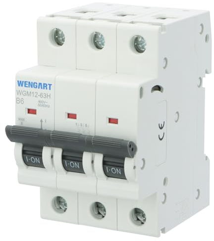 Wengart Hochleistungs-Leitungsschutzschalter 3-polig (MCB), 6A B-Charakteristik, 10kA Schaltvermögen, Sicherungsautomat für Steuerleitungen & Kleingeräte, AC 230V/400V, WGM12-63H