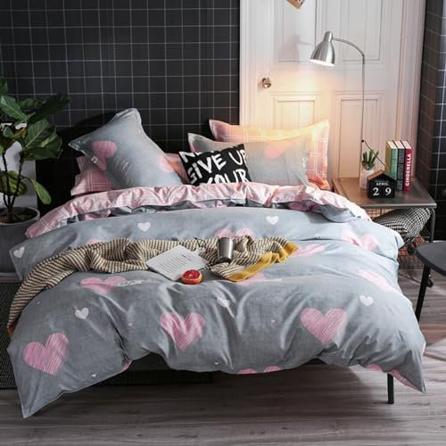 Freyamy Housse de Couette 220x240cm+2 Taie d'oreiller 65x65cm Coeur Imprimé Gris Rose Parure de lit 2 Personnes Adulte Motif du Cœur Sets de Housse Couette en Microfibre avec Fermeture Éclair