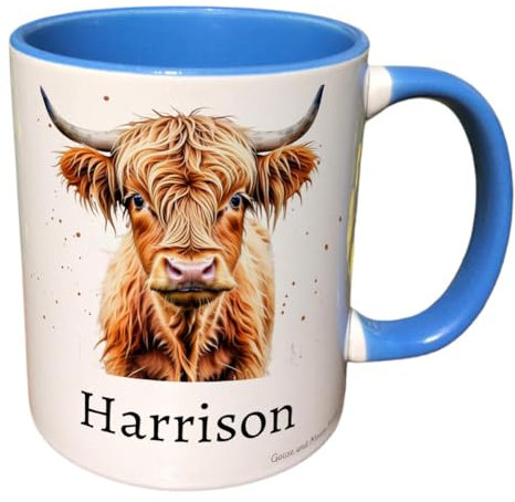 Personalised Highland Cow Mug, Gift for Cow Lover, Thank you Present for Farm Animal Owner, Housewarming Coffee Cup, Country Kitchenware (Blue)