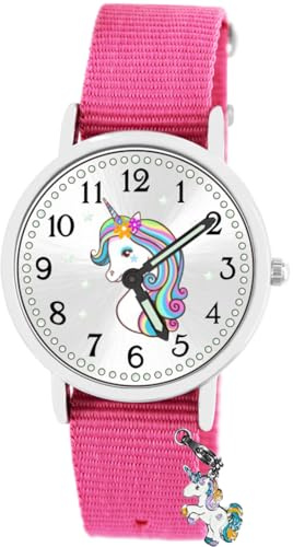 Brecjon Geschenk Set Einhorn Armbanduhr Mädchen wasserdicht Bettelarmband 4 emaillierte Anhänger Unicorn Sammelbox Nylon Armband