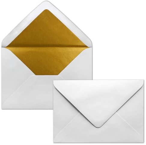 50x Kuverts in Weiß - Brief-Umschläge in DIN B6-12,5 x 17,6 cm geripptes Papier - goldenes Seidenfutter für Weihnachten & festliche Anlässe