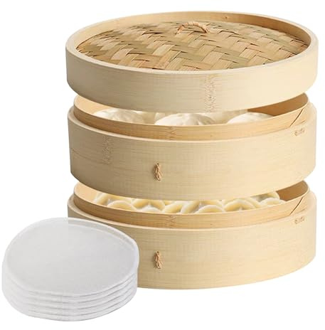 GOEDCH Cuiseur Vapeur en Bambou: 21 cm Panier Vapeur en Bambou à 2 Étages, Cuisson Vapeur Asiatique avec Couvercle, avec 5 Tapis Vapeur Antiadhésifs, pour Dim Sum, Légumes, Poisson, Viande, Raviolis