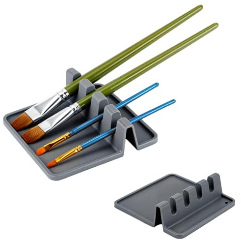 AHANDMAKER 2 Packs Silicone Paint Brush Holders, Gray Rectangular Organizer with 4 Slots for Drawing Artists Thick Paint Brush Drying Rest for Watercolor Oil Painting Accessories