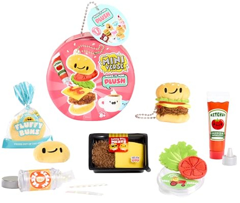 MGA's Miniverse Make It Mini Plush - Bastelset zum Selbermachen/DIY zum Thema Essen mit selbsttrocknendem Kleber und Schlüsselanhänger-Clip, 8 Verschiedene Sammelfiguren, ab 8 Jahren