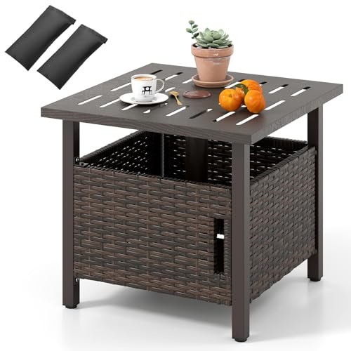 GYMAX Polyrattan Beistelltisch, Gartentisch mit 4,9 cm Schirmloch & 2 Sandsäcken, Terrassentisch Kaffeetisch mit Stauraum, Perfekt für Terrasse, Garten, Hof, 55,5 x 55,5 x 47,5 cm