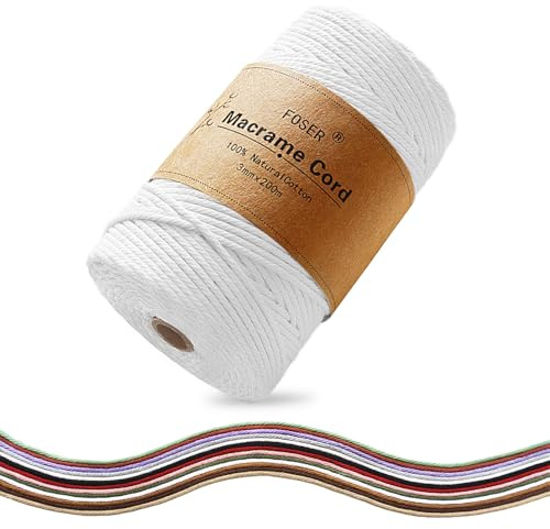 FOSER Premium Makramee Garn 3mm×200m, Baumwollgarn Baumwollkordel, für DIY Deko Handwerk Boho wanddeko (Reines Weiß)