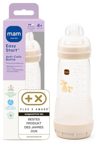 MAM Easy Start Anti-Colic Babyflasche 320 ml, 4+ Monate, Gr. 2, Hase | Selbst-sterilisierend in der Mikrowelle in 3 Min, Anti-Kolik-Bodenventil, brustähnlicher SkinSoft Sauger, ab 4 Monaten