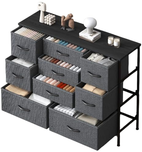 Feonase Chest of Drawers, Bedroom Dresser with 9 Fabric Drawers, Metal Frame & MDF Wood Top, Adjustable Feet, Storage Organizer Unit for Bedroom, Closet, Living Room, Hallway, Deep Grey