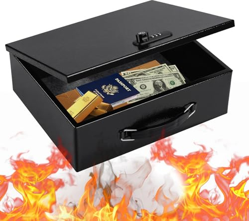 Feuerfeste Dokumentenbox, Größe XL, feuerfest, mit Zahlenschloss für Zuhause, tragbar, feuerfest, für persönliche Gegenstände, Reisepass, Bargeld, Tablet, Außenbereich