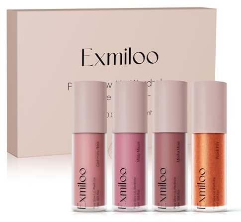 Exmiloo Mini Lip Tint Stain Set, 4 Rosé-Nude Lippenfarben | Rosé-, Mauve-, Mokka- und Pfirsichtöne mit Soft-Matte- und Gloss-Finish; leicht, schichtbar und taschenfreundlich.