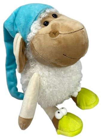 Mel-O-Design Plüsch Lamm 23 cm – Weiches Kuscheltier Schaf mit Blauer Schlafmütze, Flauschiges Stofftier zum Einschlafen, Liebevolles Plüschtier für Kinder, Geschenkidee für Jungen & Mädchen