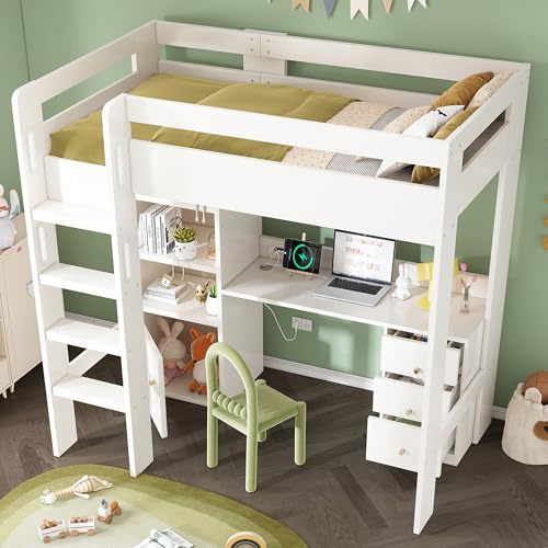 Mengtu Kinderbett Hochbett mit USB-C Schreibtisch, Kleiderschrank und Aktenschrank, Jugendbett Einzelbett mit Treppe und Lattenrost, Stauraum,90×200, Ohne Matratze Möbel, Schlafzimmermöbel, Bett, Bet