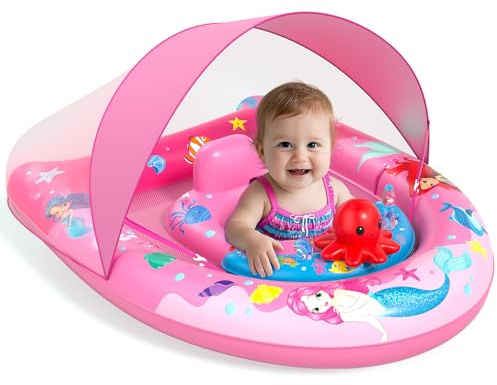 Sunrad Schwimmring Baby mit UPF50+ Sonnendach,Baby Schwimmring ab 6-36 Monate Schwimmhilfe Kinder mit Verstellbarer Sicherheitssitz & Spielzeug,Schwimmreifen Kleinkind Pool Schwimmring für Mädchen