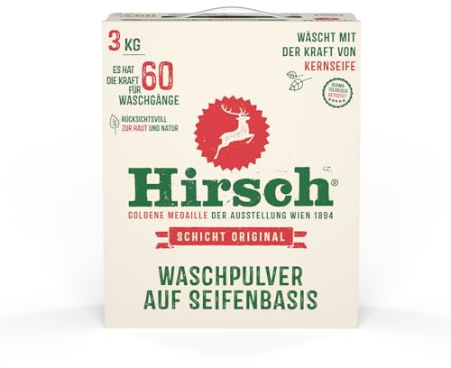 Hirsch Waschpulver mit Kernseife 3kg – Hautschonendes Vollwaschmittel für empfindliche Haut & Kinderwäsche