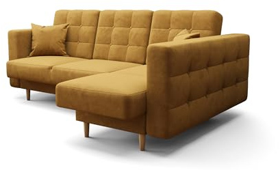 O-Sofa Ecksofa Kongo RBN12, Eckcouch in L-Form mit Schlaffunktion, Farbe: Gelb, Velourstoff, Ottomane Rechts